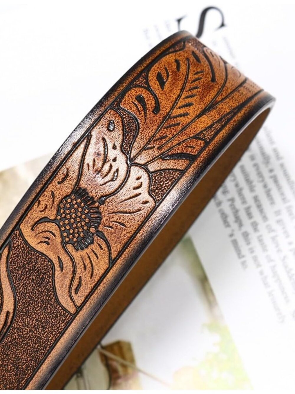 Women's Brown Western Pu Leather Longhorn Bull Turquoise Embossed Buckle Belt - Picture 4 of 7